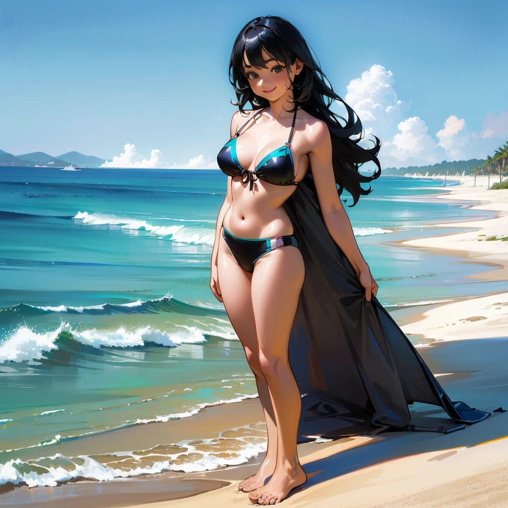 (high quality, High resolution, Very detailed, reality:1.37), Peaceful atmosphere, (Sandy Beach), age girl standing alone, (my brea big.), Beautiful details, Cute Smile, (Black bob hair), Bikini Swimwear, barefoot.