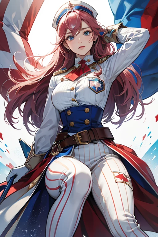Camilla's hairstyle does not change after the transformation. The super heroine's outfit is in three colors: blue, red and white, which is a reference to the flag of the United States. The back of her head, ears and neckline are covered with a blue fabric decorated with white stars. The rest of the blouse has red and white stripes in the shape of the letter "V". The inside sleeves are white and the outside are blue with white stars. The woman also wears red and white elbow-length gloves. The pants are decorated in the same tone as the sleeves of the upper garment - white inside and blue on the outside, decorated with white stars. He wears a thick red belt on his hips. The shoes are red with two white stripes, up to the knee. Victory also has a shield, which resembles the letter "V". It is blue in color with white stars, adorned at the top with two red and one white stripes. SPARKLE; GLITTER