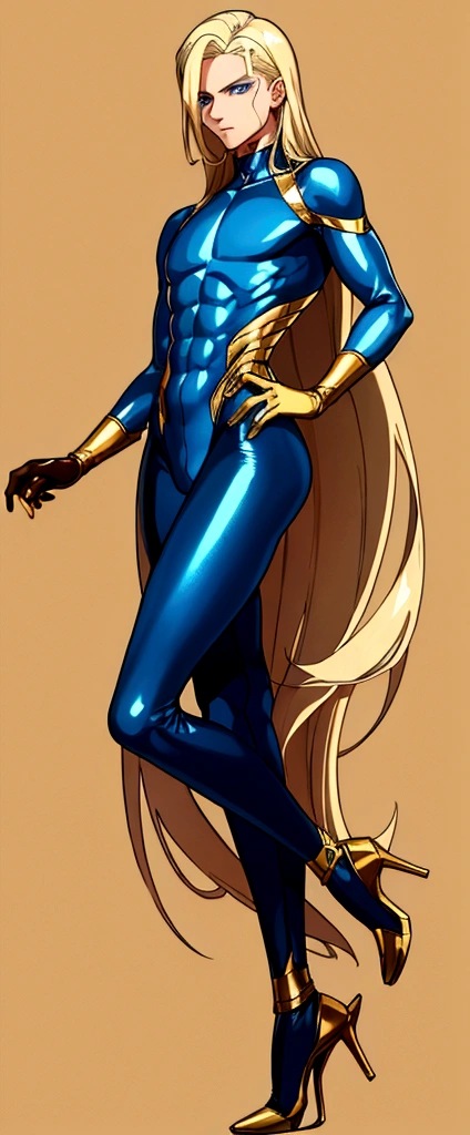 (masculine, man) (only one person) (android) (blonde hair that reaches to the heels) (blue eyes) (Slim and toned body) (wears a tight brown bodysuit with gold details) (laboratory background) (holding a bird in his hands) (very long hair that reaches to the heels)