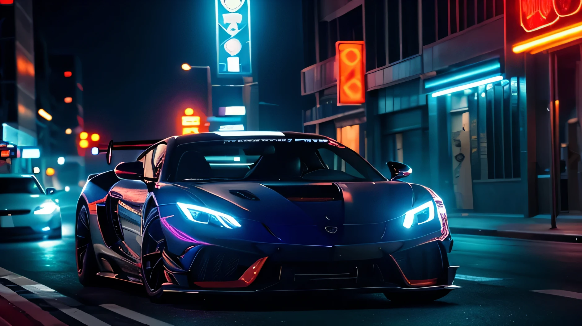 detailed high-speed luxury sports car speeding down a night city street, dramatic lighting, cinematic angle, photorealistic, 8k, hyper-realistic, vibrant colors, dynamic composition, motion blur, depth of field, cinematic lighting, dramatic shadows, neon lights, urban environment