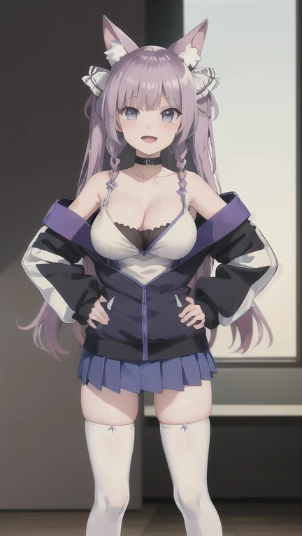 masterpiece, best quality, highres, bbtama, long hair, twintails, twin braids, white ribbon, animal ears, large breasts, choker, off shoulder, cleavage, white camisole, black jacket, long sleeves, blue skirt, pleated skirt, white thighhighs, hand on hip, smile, open mouth,