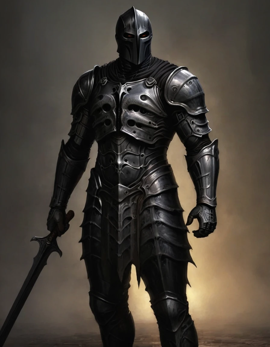 a man in armor standing, dark armor, dark soul armor concept, black armour, evil knight, shadow armor, clothed in stealth armor, usando uma dark armor, black armour, pale black armor, black armour afiada e elegante, usando black armour, black armour afiada, black iron armor, dark souls knight, gothic knight, black armour afiada,, (​masterpiece),(great quality), (nblurry background),(dynamic light)