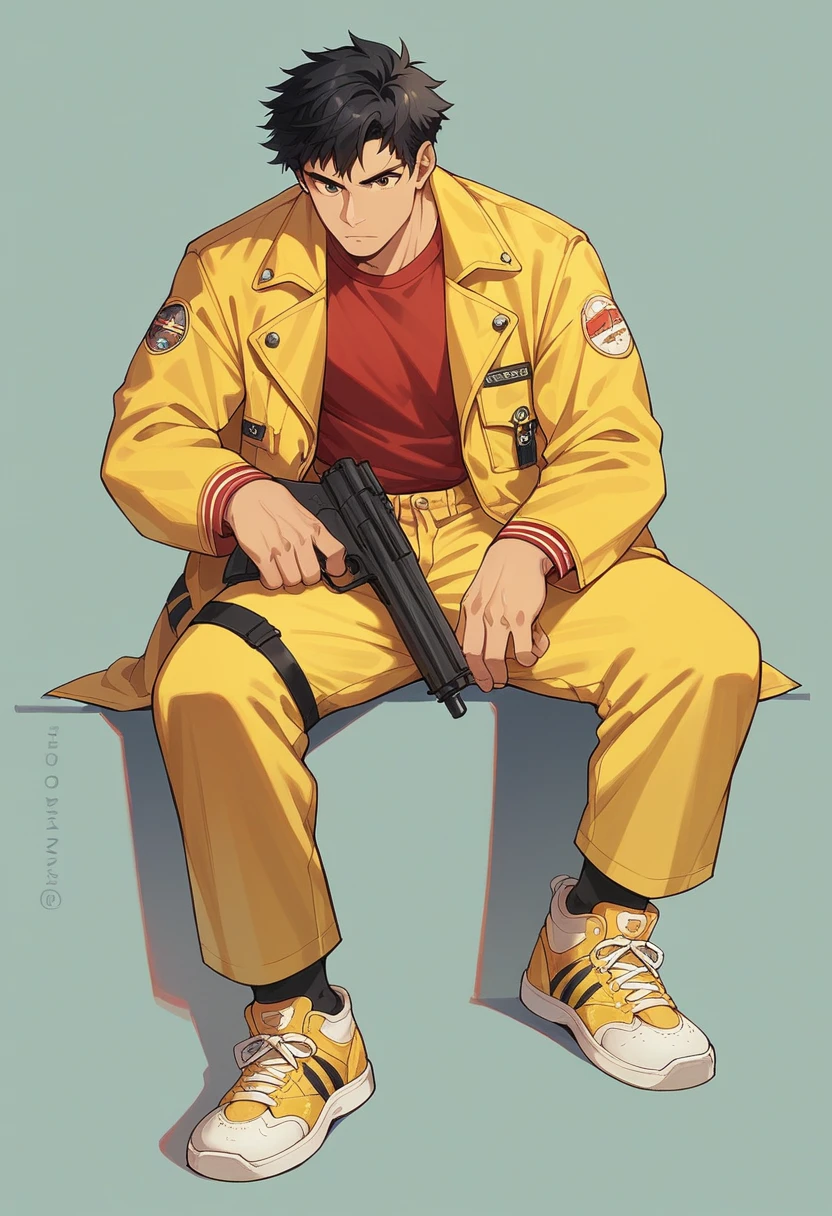 adult man, black hair, red shirt,solo, yellow jacket, yellow pants, yellow sneakers, gun on his waist