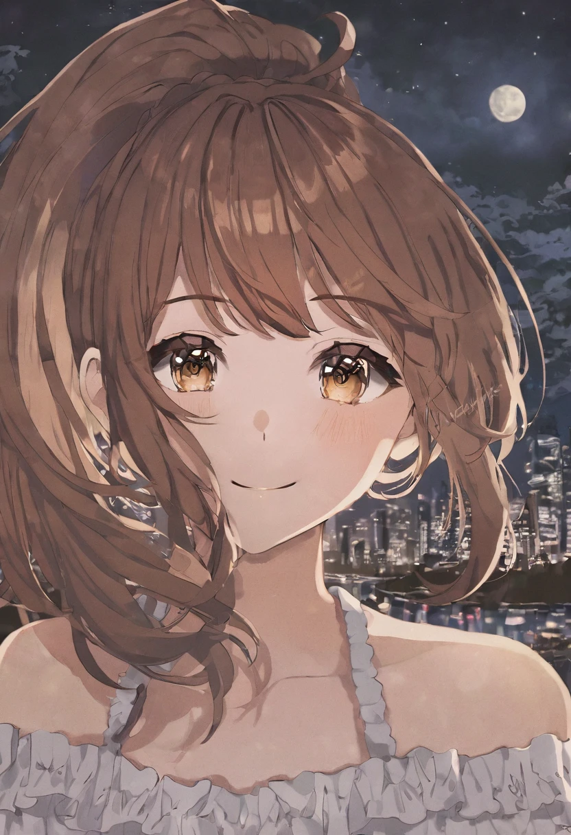 girl.Her hair is brown.Beautiful eyes.Hazel eyes.At night time.
Brown hair.ponytail hair.I grow..happy.Quiet.Smile