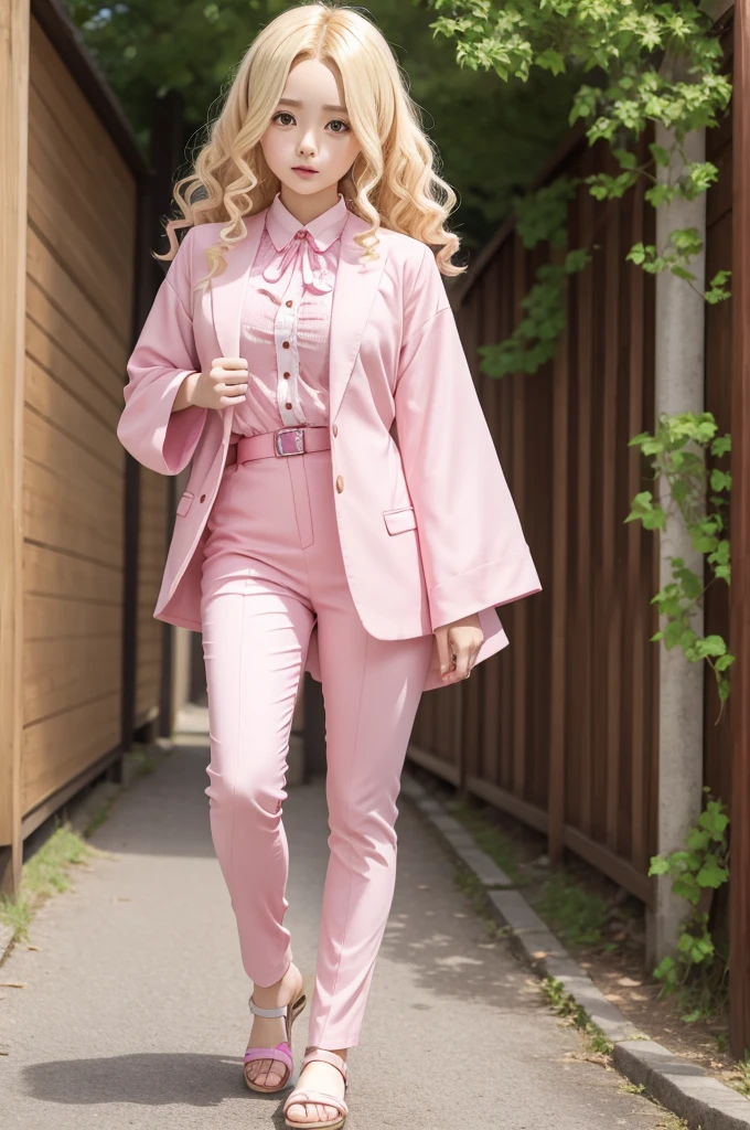 Kimetsu no yaba oc curly blonde hair full body pink clothes and