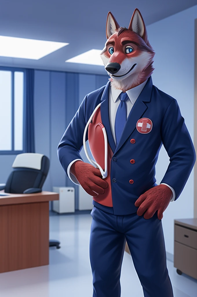 Ivan Fedorovich Wolfbach (Novosibirsk) ,tall handsome, wolf,young, 24 years, brown fur,Kind,(red body:1.3),beautiful blue eyes,Novosibirsk,dressed,blazer, lifeguard uniform, зеленый blazer, White shirt, black tie, Green pants,doctor's chevrons, Ambulance, canine, wolf, detailed fur, male, antro, paw pads, finger claws,At the viewer, 5 fingers, paws, 5 fingers, smile, wrist watch, т nextel,by xenoforge, (difficult, high detail, digital photography, soft focus, RAW variety of theater,Very close to the camera сидит, office,Novosibirsk, smile, good mood, positive, Very close to the camera,Russian Emergency Situations Ministry,
Photorealism, realistic, photorealistic, digital style, Subsurface scattering,I look at the viewer, в office, nursing brother, syringes, stethoscope,
masterpiece, Best quality, ultra realistic, 8 k)