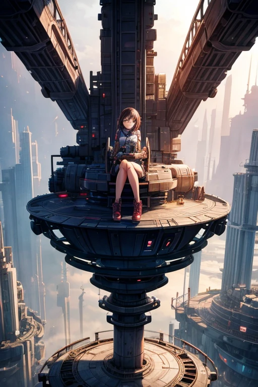 A girl sits on top of a complex machinery structure in a futuristic city
