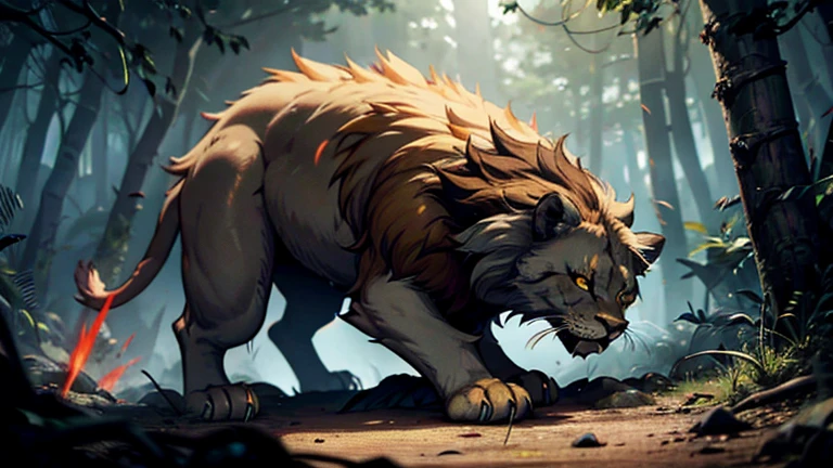 LION SIDE VIOLENT ATTACK WITH SHARP PAW AND CLAWS bright yellow eyes, sharp fangs, moody lighting, hyper-realistic forest, gloomy and mysterious, cinematic lighting, intricate details, 8k, high quality, photorealistic, dramatic,