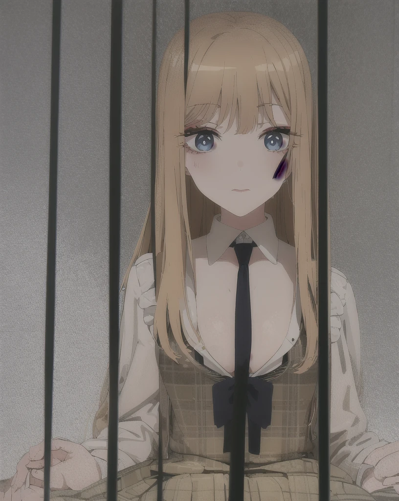 best quality, (masterpiece:1.2), illustration, absurdres, (1girl), (solo), (beautiful detailed girl), (upper body, portrait),
Agnes Claudel, blonde hair, long hair, low-tied long hair, hair ribbon, blue eyes, large breasts, green , red necktie, black pleated skirt, black thighhighs, brown loafers,
looking at viewer, happy
desert, mesas, sun, sky,