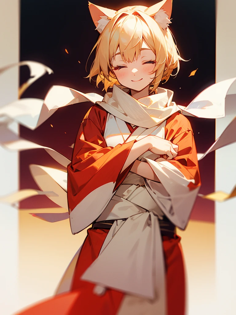 White scarf, short golden hair, red kimono, eyes closed, smiling, cat ears