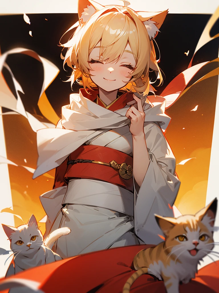 White scarf, short golden hair, red kimono, eyes closed, smiling, cat ears