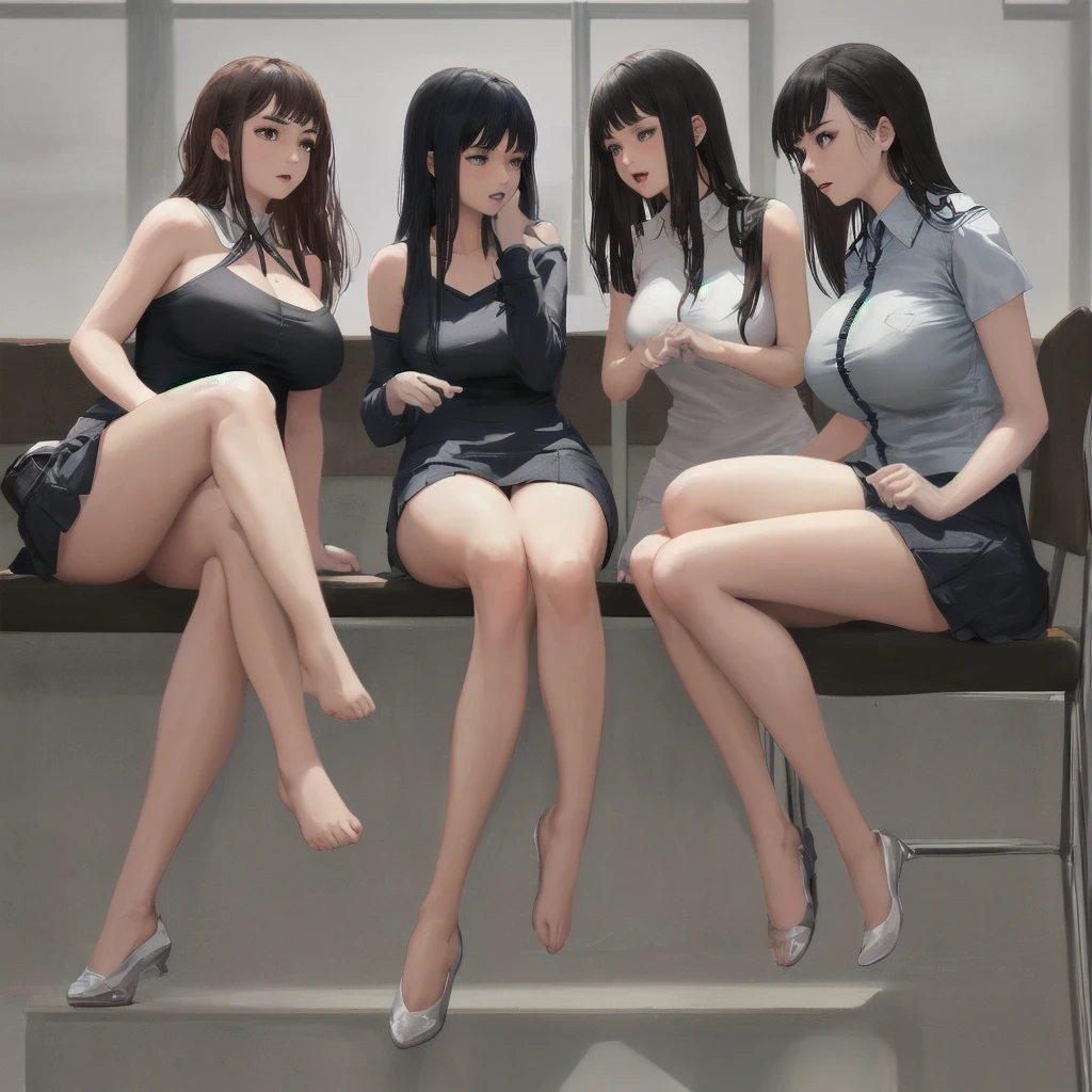 3 female students with bare shoulders, big breasts and long legs seen from the side 