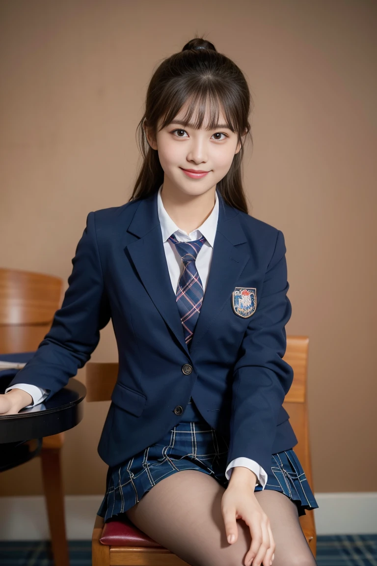(8k), (highest quality: 1.2), (Realistic), (Realistic: 1.37), Ultra-high resolution, (1 girl), cute, blush,Embarrassed smile, Beautiful details, Beautiful Nose, straight Hair, Giant Dulcefo, pork, Thighs,Self Snap,University Uniforms,(A simple dark blue blazer:1.4),(Pleated skirt:1.2),(The skirt and tie are tartan check pattern.:1.3),(Sitting:1), Sit on the chair,(Hold my feet:1),(ニーハイソックス:1.2),from the front,knees
