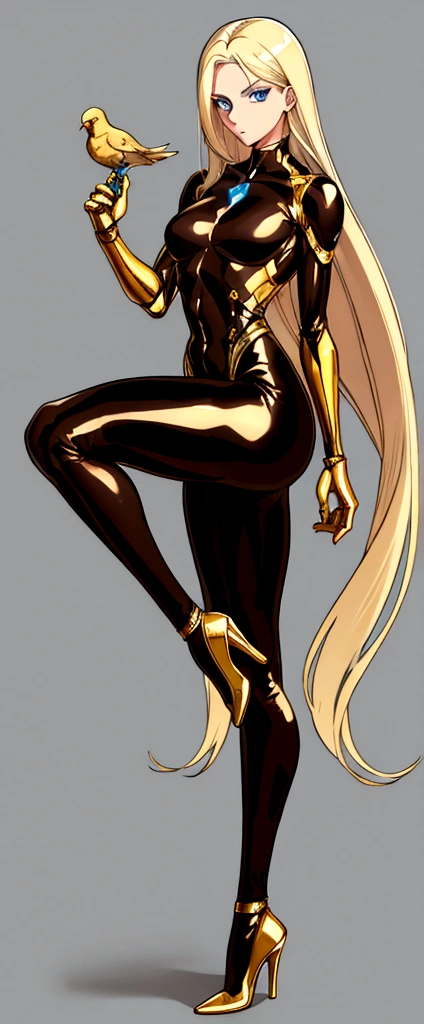 (masculine, man) (only one person) (android) (blonde hair that reaches to the heels) (blue eyes) (Slim and toned body) (wears a tight brown bodysuit with gold details) (laboratory background) (holding a bird in his hands) (very long hair that reaches to the heels)