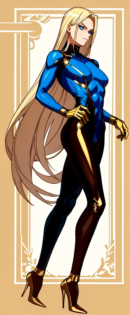 (masculine, man) (only one person) (android) (blonde hair that reaches to the heels) (blue eyes) (Slim and toned body) (wears a tight brown bodysuit with gold details) (laboratory background) (holding a bird in his hands) (very long hair that reaches to the heels)
