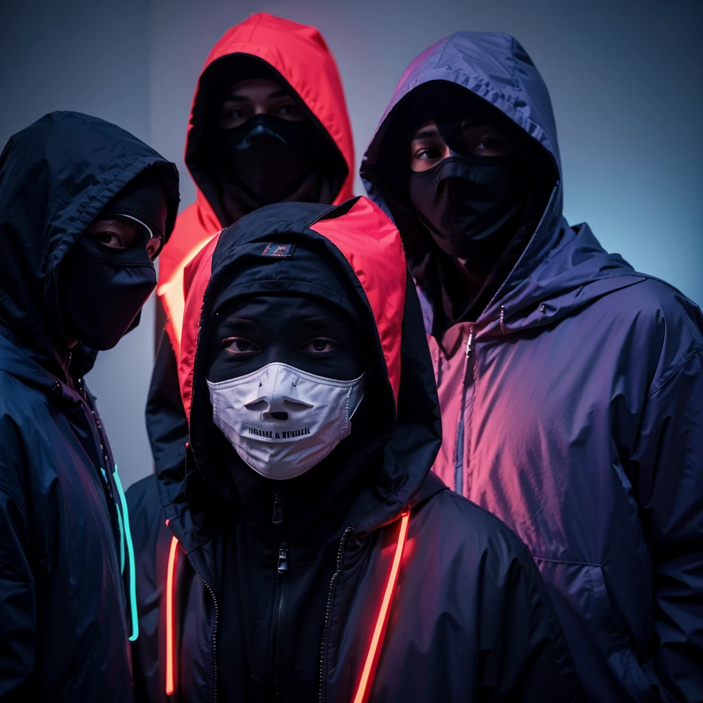 five masked hooded young men color coridor neon liminal space cold light tamisé