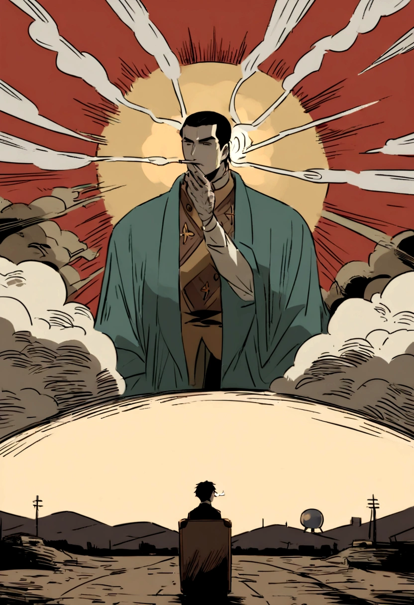 Can you create a detailed description of a scene in anime style, in which a man is depicted in the foreground, smoking a cigarette, dressed in fashionable clothes, there is a suitcase next to him, and in the background there is an atomic bomb explosion, while his face is depicted as upset?