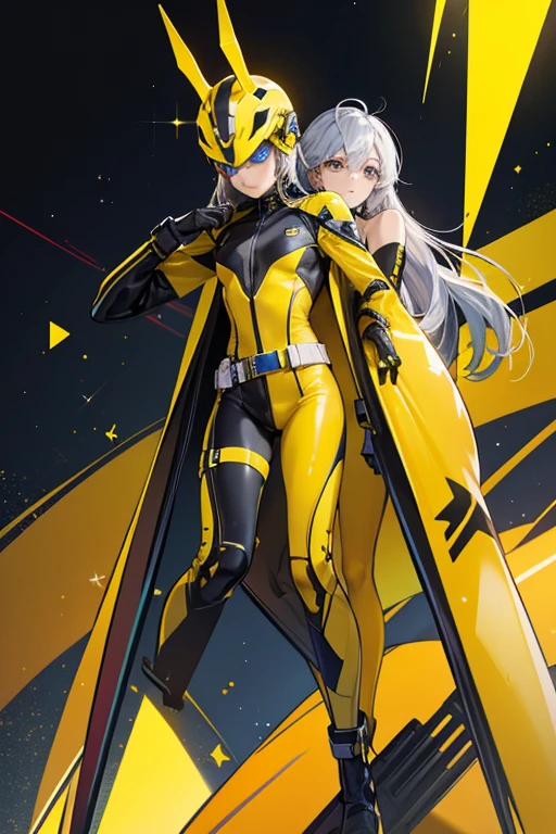 Agent Yellow, like Agents Blue and Red, wears a face covering helmet with silver mechanical features on the bottom, including two antennae like points at the ears. She also wears a full body suit with silver bands on the upper chest and shoulders and a silver belt, the silver bands on the chest and belt have a W on both. The bodysuit and the helmet are both colored yellow with darker yellow patches on the inner arms and sides. The suits also have black stripes on various spots and triangle shaped logos with two W's on the shoulders. SPARKLE; GLITTER
