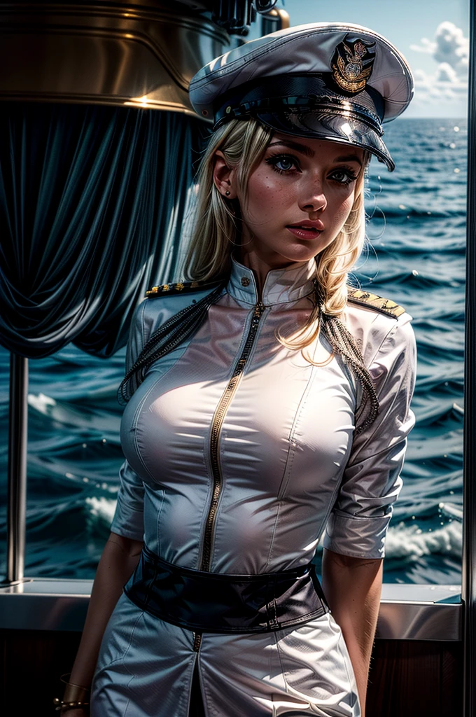 A confident blonde woman wearing a white naval officer's uniform and a matching cap. White outfit. She is leaning forward with an outstretched arm. She is leaning forward with an outstretched arm, in a ship's deck. Ocean background. Round breast. Blush, Black eyeliner