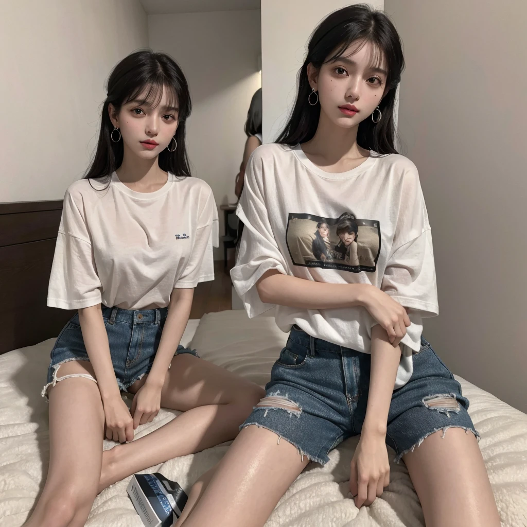 absurdres, RAW photo, extremely delicate and beautiful, masterpiece, Best Quality, ultra high resolution, 32k, hyperrealistic, ultra-detailed, delicate facial features, beautiful detailed woman, tearful mole, earring, medium breasts, full body shot, medium hair, black hair, cap, T-shirt, baggy shorts, ((3 girls)),