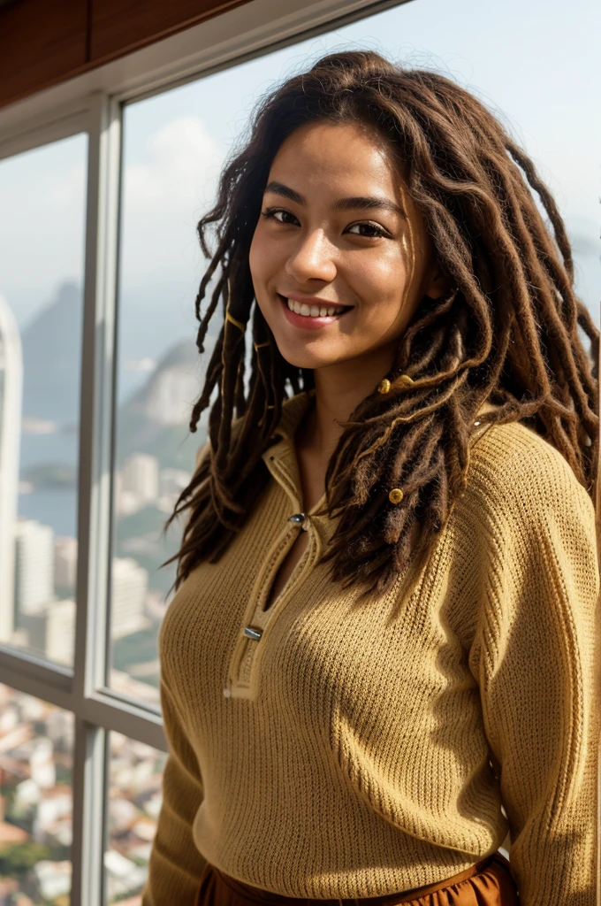 in a window seeing Christ the Redeemer in Rio de Janeiro .msterpiexe, 1. beautiful girl. A detailed eye, Swollen Eyes, maximum quality, high resolution (Realisticity: 1.4), cinematic lighting, beautiful african woman, super linda, beautiful fur, a splendid, body facing forward, (A hyper-realistic), (high resolution), (8K), (highy detailed), (beautifully detailed eyes), (ultra-derailleur), (Natural smile), face detailed, Bright lighting, professional lighting, looking at vie wert, looking straight ahead, (the knitted costume), show full body, Messy hair, cabelo dreadlock, chestnut hair, age 28, Cao Cao, yoga, mystic does