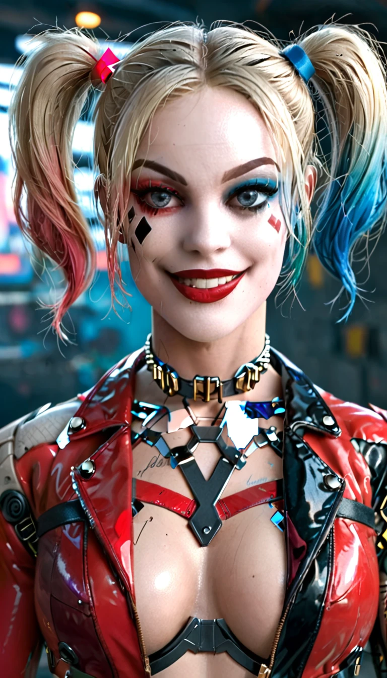 (work of art, high qualiy, wall-paper) Harley Quinn smiling showing her teeth, with blonde hair, neckline with very large bust, pink and light blue hair patch, blue colored eyes, strong makeup, red shadow and blue shadow, red lipgloss stick, leather jacket, Cyborg Body, metal body, smooth and shiny metal, heavy iron boots, mechanical joints,  fully body, 