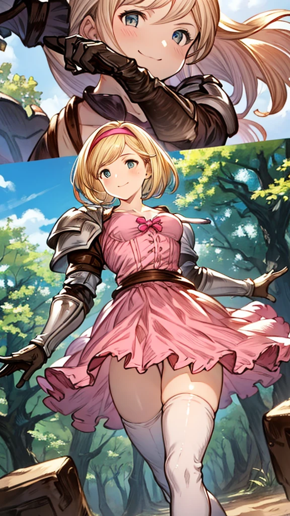 {{{masterpiece}}}, {{{best quality}}}, {{ultra-detailed}}, {illustration}, {{an extremely delicate and beautiful}}, (beautiful detailed eyes:1.6), extremely detailed face, 8k, anime face, djeeta(granblue fantasy), djeetadef, solo, 1girl, cute face, blonde hair, short hair, brown eyes, very big eyes, thin waist, big hips, curvaceous, pink hairband, pink dress, pink skirt, brown thigh boots, collarbones, gauntlets, armor, thighs, zettai ryouiki, BREAK, standing, smiling, flushed cheeks, peer in from below, outdoor, sky, daytime, ruins, forest, field