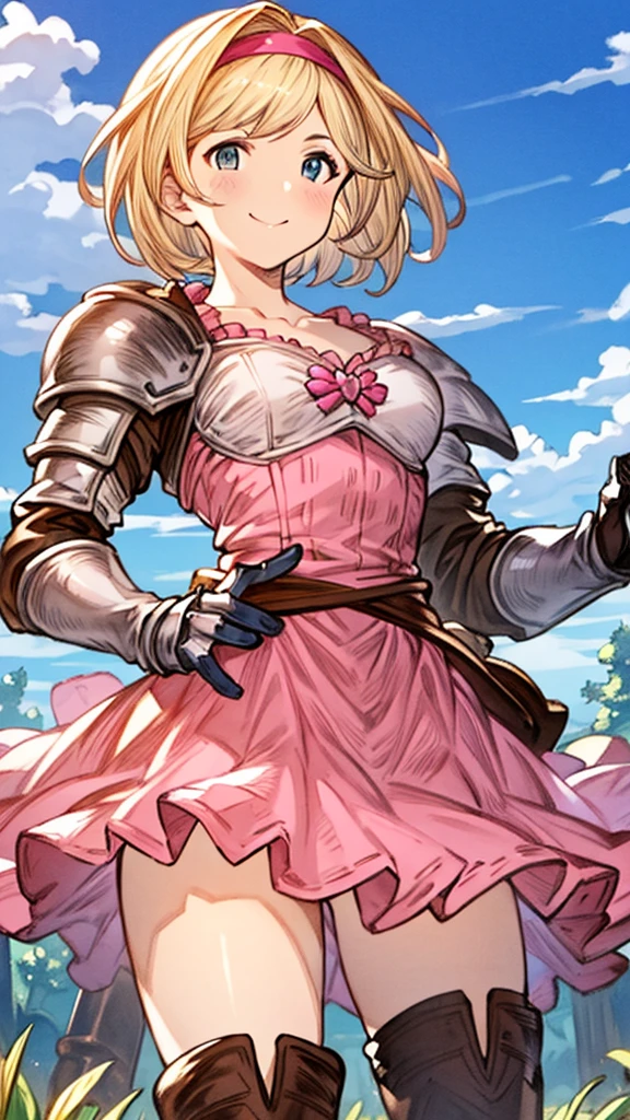 {{{masterpiece}}}, {{{best quality}}}, {{ultra-detailed}}, {illustration}, {{an extremely delicate and beautiful}}, (beautiful detailed eyes:1.6), extremely detailed face, 8k, anime face, djeeta(granblue fantasy), djeetadef, solo, 1girl, cute face, blonde hair, short hair, brown eyes, very big eyes, thin waist, big hips, curvaceous, pink hairband, pink dress, pink skirt, brown thigh boots, collarbones, gauntlets, armor, thighs, zettai ryouiki, BREAK, standing, smiling, flushed cheeks, peer in from below, outdoor, sky, daytime, ruins, forest, field