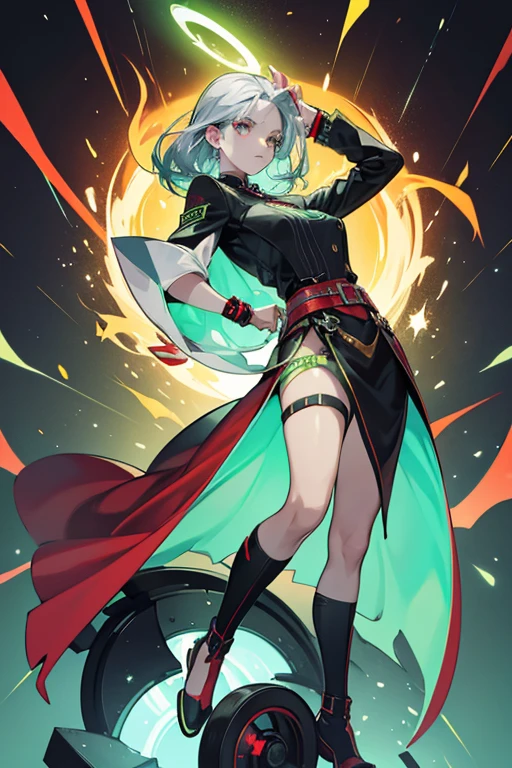 Timebreaker wore a black helmet with red spiked edges on the back and two green eye shields over each eye. She also wore a nearly black suit with lime green patches around her waist, around her lower hips and upper legs, and below her knees. Below her back of her wrists, there were glowing lime green ovals, and on her chest, there was a glowing red hourglass shape within a larger silver outline. Her roller blades were black with two glowing white wheels on each one and a thin green line about the foot's ball and instep. A power bar was on the sides of the blades keeping track of her energy level, being red at the lowest level and becoming luminous vivid cyan at the top when it was full. SPARKLE; GLITTER