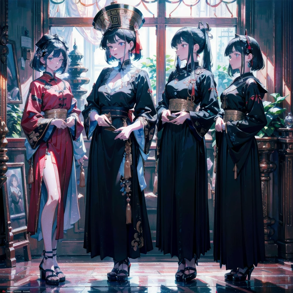 absurdres, RAW photo, extremely delicate and beautiful, masterpiece, Best Quality, ultra high resolution, 32k, hyperrealistic, ultra-detailed, delicate facial features, beautiful detailed woman, tearful mole, earring, medium breasts, (full body shot), medium hair, black hair, jiangshi, long skirt, ((3 girls)),