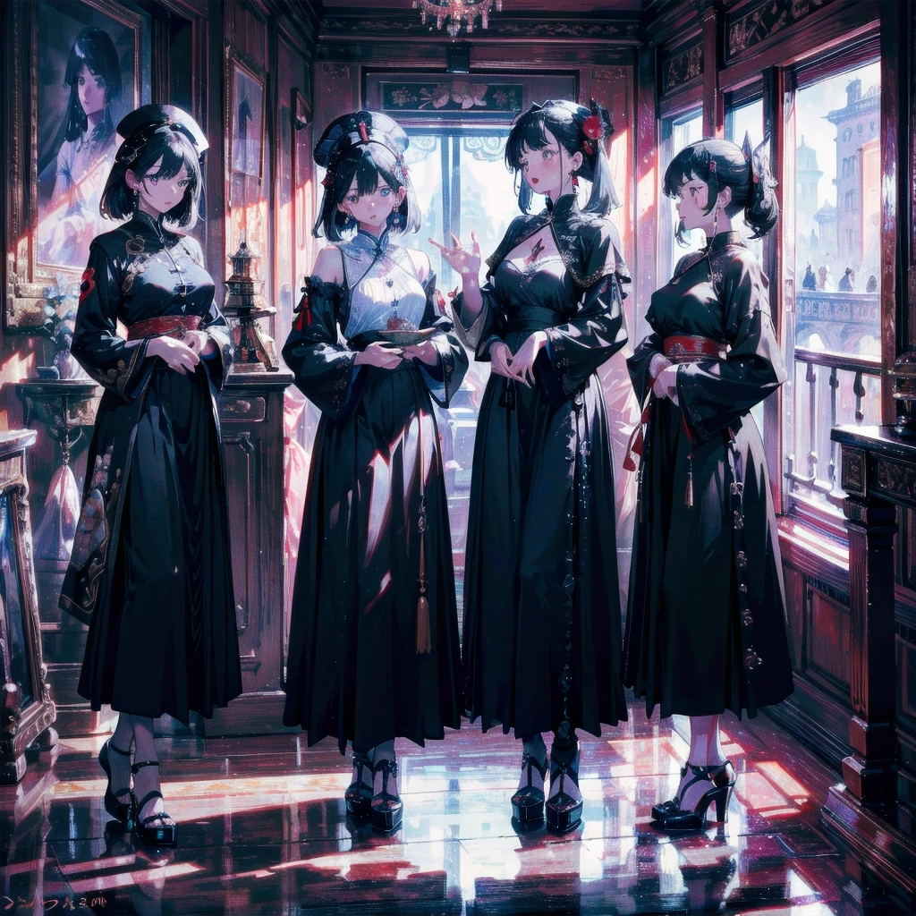 absurdres, RAW photo, extremely delicate and beautiful, masterpiece, Best Quality, ultra high resolution, 32k, hyperrealistic, ultra-detailed, delicate facial features, beautiful detailed woman, tearful mole, earring, medium breasts, (full body shot), medium hair, black hair, jiangshi, long skirt, ((3 girls)),