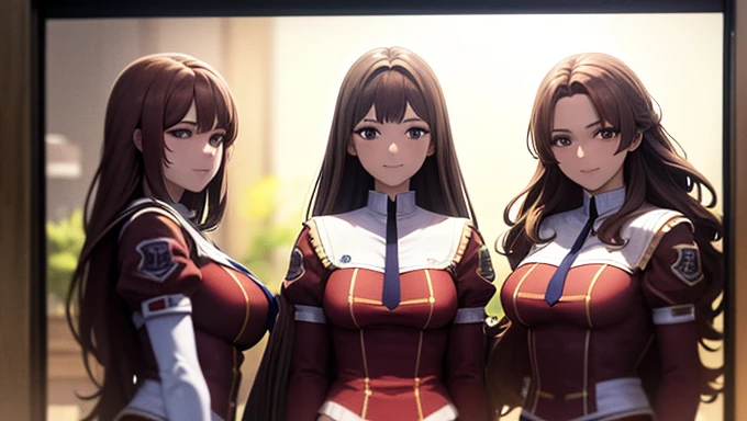 a masterpiece photo of 3 beautiful brunette sisters with long fuzzy hair, Auburn haired sisters, different hair colors, matching hairstyles, hazel eyes, big And round bust, matching uniforms, smiling, flat color, same height, organized pose, back to back, best quality, 4k, 8k, highres, masterpiece:1.2, ultra-detailed, realistic, photorealistic, photo-realistic:1.37, HDR, UHD, studio lighting, ultra-fine painting, sharp focus, physically-based rendering, extreme detail description, professional, vivid colors, bokeh