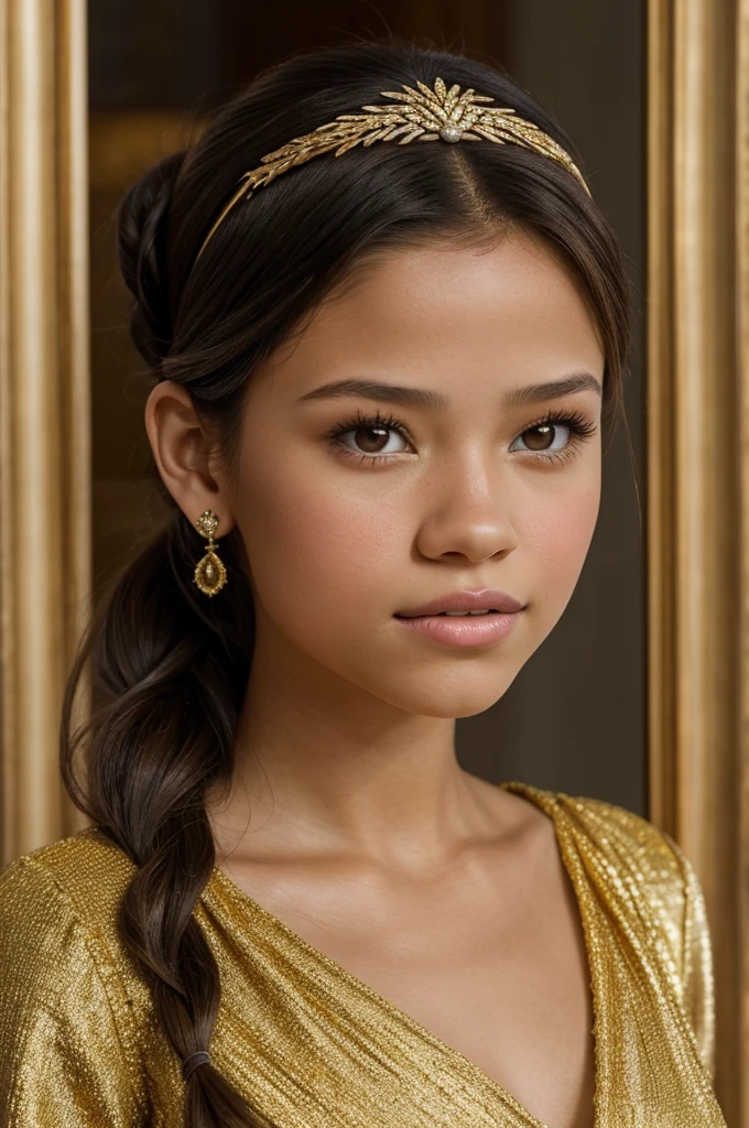 Portrait of a beautiful brunette girl identical to Jenna Ortega with hair up and a gold headband with a large ruby