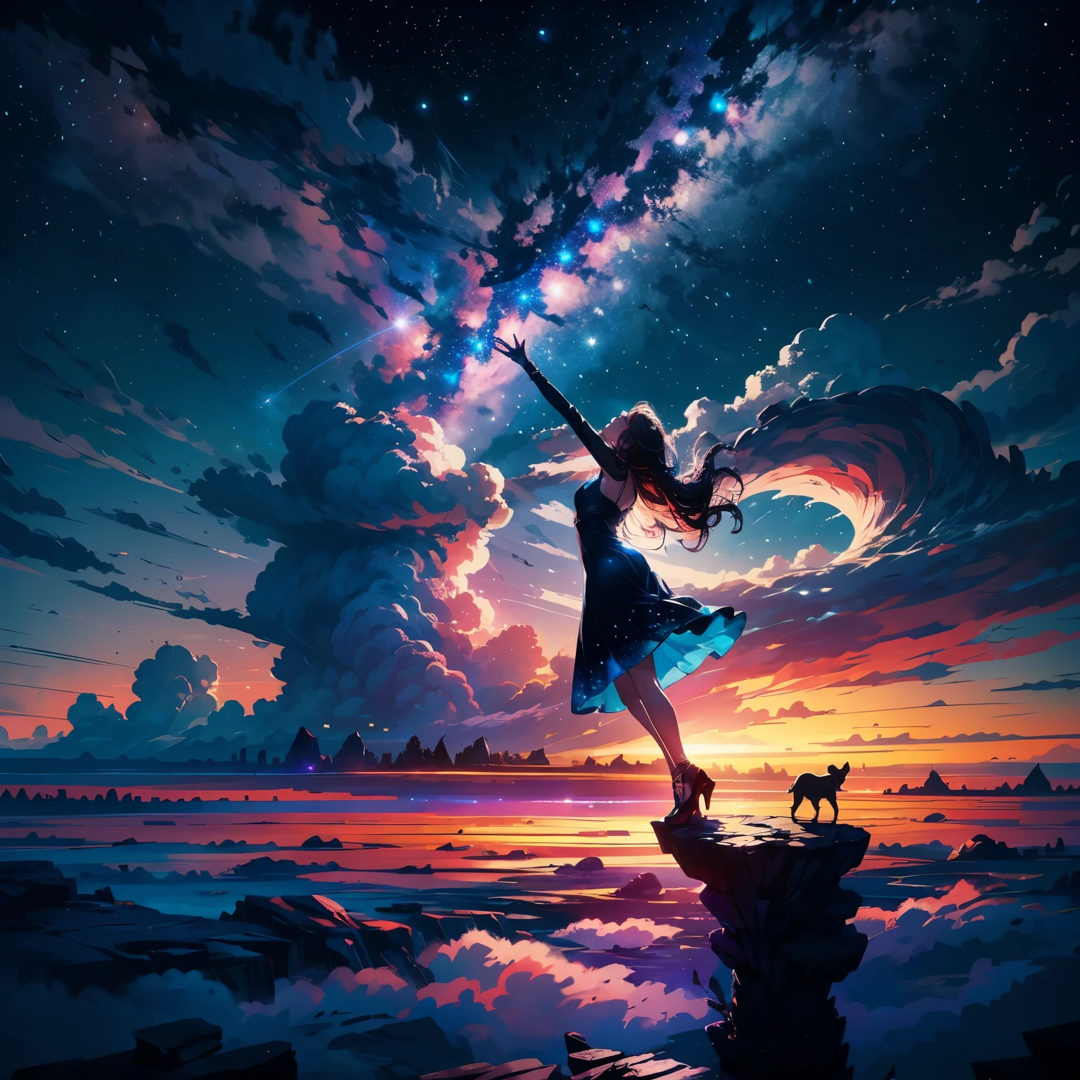 Perched on a faint cloud, A girl gazes in awe at the breathtaking expanse of the sky. The night sky comes alive with a sea of stars, Sparkling like diamonds on a velvet canvas. Space phenomena swirl and dance, Drawing vibrant lines in the vast universe. My hair is gently tousled by the heavenly breeze, The silhouette of a girl stands as a witness to the beauty of the universe. Calm and full of surprises, She will be part of this cosmic symphony, Her presence illuminates the infinite possibilities beyond the clouds..