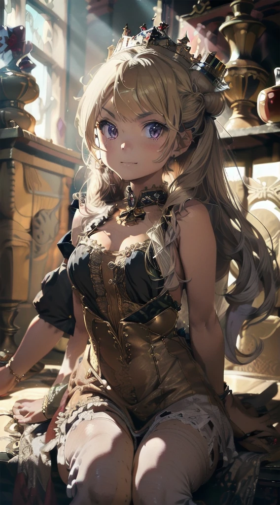 (The highest image quality, master piece:1.2), (Ultra Definition Illustration), (very cute little princess:1.3　15yo), (1 girl:1.2), Solo ,(condescending look:1.3), sleeveless, showing armpits, (gorgeous queen dress:1.3), Full body, Round baby face, (wearing Glasses, Blonde Short-Cut Hair), (white thigh high pantyhose:1.2), (Evil smile), (mean face), (Mesugaki smile),  Luxurious palace rooms, Fancy Room, RPG Royale, Beautiful legs,