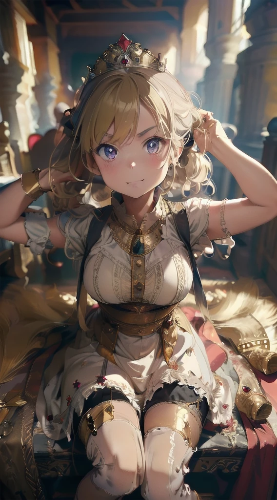 (The highest image quality, master piece:1.2), (Ultra Definition Illustration), (very cute little princess:1.3 ), (1 girl:1.2), Solo ,(condescending look:1.3), sleeveless, showing armpits, (gorgeous queen dress:1.3), Full body, Round baby face, (wearing Glasses, Blonde Short-Cut Hair), (white thigh high pantyhose:1.2), (Evil smile), (mean face), (Mesugaki smile), Luxurious palace rooms, Fancy Room, RPG Royale, Beautiful legs,