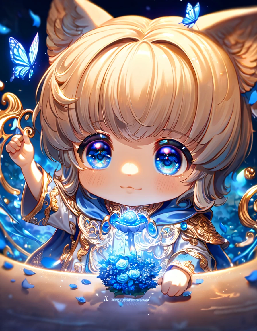 absurdres, highres, ultra detailed, HDR, master piece, best quality, extremely detailed, cute blue mushroom with face, cute, small, solo, magical, fantasy, magic, blue forest, glittering, blue butterflies, blue petals, blue flowers