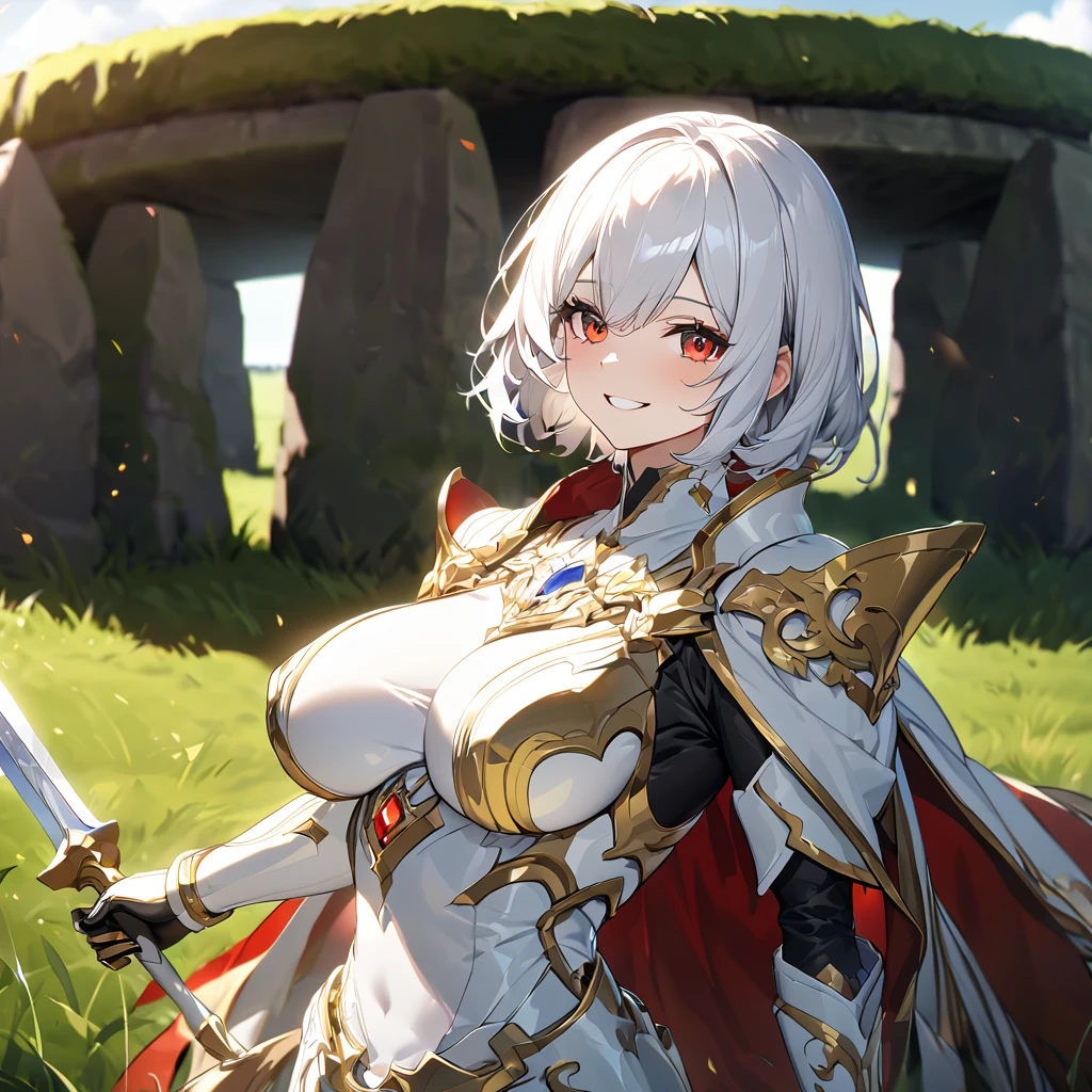 White heavy armor with gold details, white bracelet with leather details, white metal gloves, white boots with gold details, long golden yellow cape, holding a white sword with leather details and a red ribbon, white helm with exposed face, white hair, short hair, red eyes, smiling, big breasts, golden aura, standing in a grassy area with stonehenge daytime.,UHD , prime work , accurate , anatomically correct , textured skin , super details , high quality , best quality, 8k, high resolution, bokeh effect. (woman alone), close view.
