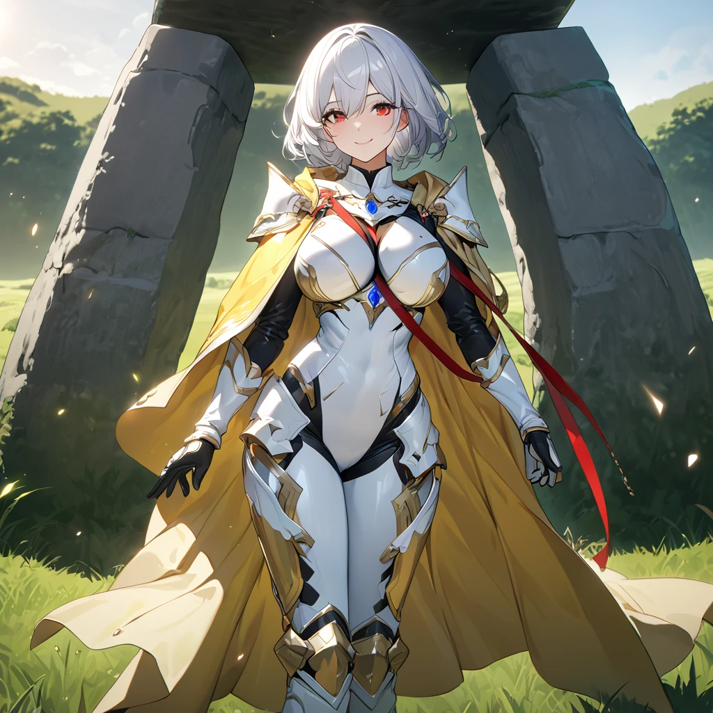 White heavy armor with gold details, white bracelet with leather details, white metal gloves, white boots with gold details, long golden yellow cape, holding a white sword with leather details and a red ribbon, white helm with exposed face, white hair, short hair, red eyes, smiling, big breasts, golden aura, standing in a grassy area with stonehenge daytime.,UHD , prime work , accurate , anatomically correct , textured skin , super details , high quality , best quality, 8k, high resolution, bokeh effect. (woman alone), close view.
