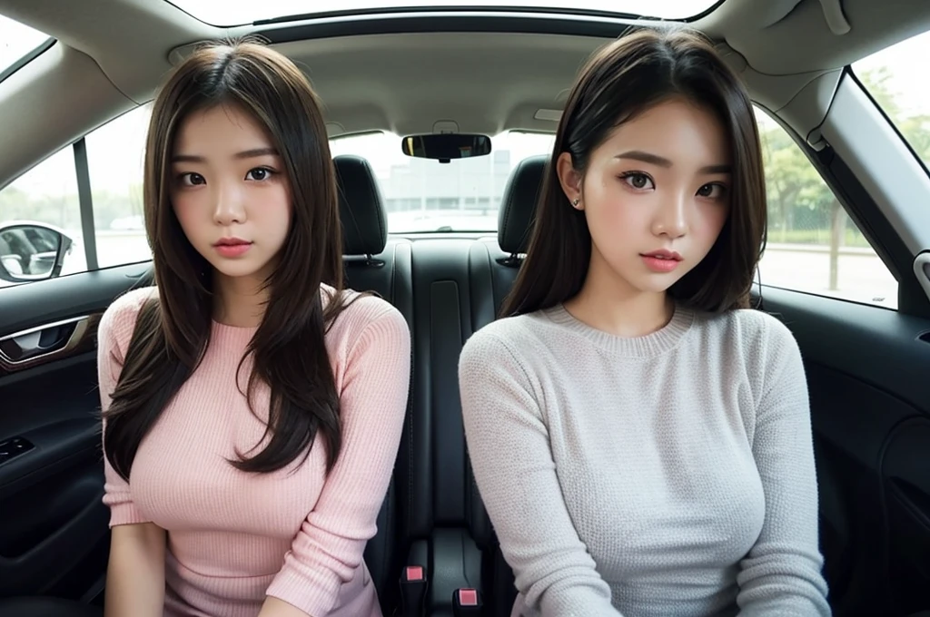 Indonesian girl 19-year-old Hairstyle fashion  Casual, F Cup Breasts wearing crewneck dress in car and driving the car with her friend