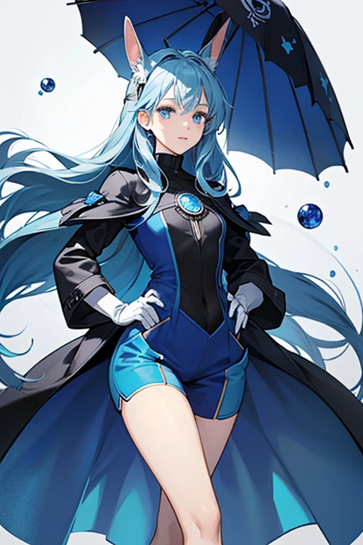 Alix is like her future self but smaller. She wears a vivid arctic blue jumpsuit with a white section going from her chest to the middle of her thighs with a black lining and with a small sapphire blue–colored circle on each side of her torso and the front of her thighs. The white part has black-edged pockets at her stomach, and she has a black turtleneck with a white cotton ball attached and white gloves that goes almost to the elbows with a black lining and a small sapphire blue–colored circle at the front, under the line. Her feet are white until the middle of her legs with a black lining and a small sapphire blue–colored circle at the front, under the line, on each side, and the soles are black. Her mask is blue at the top, and white at the bottom. She has white rabbit ears, which have black lining, and are baby blue on the insides. Her tool, an umbrella which is white on the outside, white and baby blue on the inside, with a white handle, is attached to her back when not in use. The Rabbit Miraculous, a white and blue pocket watch, is stored in her pocket.

Her future self's costume is a little different than hers on some details, like her gloves extending to the middle of her upper arms and the white section of her torso only goes to her waist and having a small sapphire blue–colored circle at its center and yet a small sapphire blue–colored circle located at the center of her chest. Her mask also has small sapphire blue–colored circles at the corners. SPARKLE; GLITTER