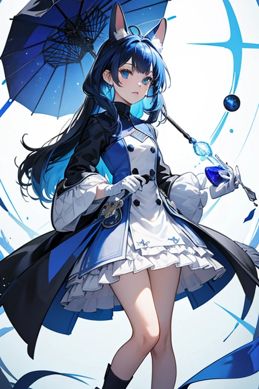 Alix is like her future self but smaller. She wears a vivid arctic blue jumpsuit with a white section going from her chest to the middle of her thighs with a black lining and with a small sapphire blue–colored circle on each side of her torso and the front of her thighs. The white part has black-edged pockets at her stomach, and she has a black turtleneck with a white cotton ball attached and white gloves that goes almost to the elbows with a black lining and a small sapphire blue–colored circle at the front, under the line. Her feet are white until the middle of her legs with a black lining and a small sapphire blue–colored circle at the front, under the line, on each side, and the soles are black. Her mask is blue at the top, and white at the bottom. She has white rabbit ears, which have black lining, and are baby blue on the insides. Her tool, an umbrella which is white on the outside, white and baby blue on the inside, with a white handle, is attached to her back when not in use. The Rabbit Miraculous, a white and blue pocket watch, is stored in her pocket.
Her future self's costume is a little different than hers on some details, like her gloves extending to the middle of her upper arms and the white section of her torso only goes to her waist and having a small sapphire blue–colored circle at its center and yet a small sapphire blue–colored circle located at the center of her chest. Her mask also has small sapphire blue–colored circles at the corners. SPARKLE; GLITTER