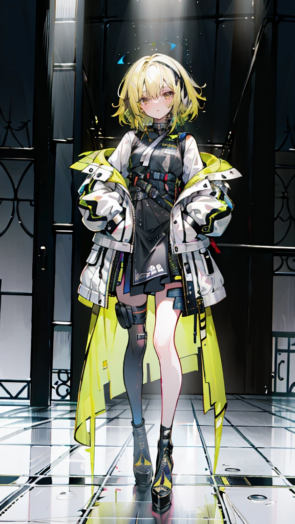 1 girl, short yellow hair, cyberpunk, Alice in Wonderland, black high heels, hand in pocket, best quality, 4k, 8k, highres, masterpiece:1.2, ultra-detailed, realistic, photorealistic, photo-realistic:1.37, HDR, UHD, studio lighting, ultra-fine painting, sharp focus, physically-based rendering, extreme detail description, professional, vivid colors, bokeh, concept art