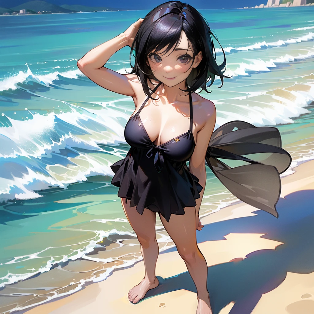 (high quality, High resolution, Very detailed, reality:1.37), Peaceful atmosphere, (Sandy Beach), Teenage girl standing alone, (my breasts are big.), Beautiful details, Cute Smile, (Black bob hair), Bikini Swimwear, barefoot.