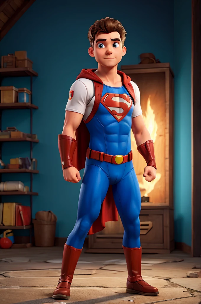 Man dressed as super hero with hands on hips