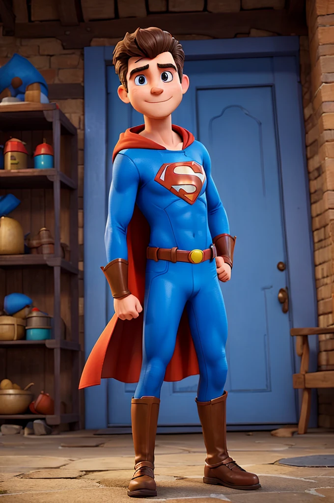 Man dressed as super hero with hands on hips