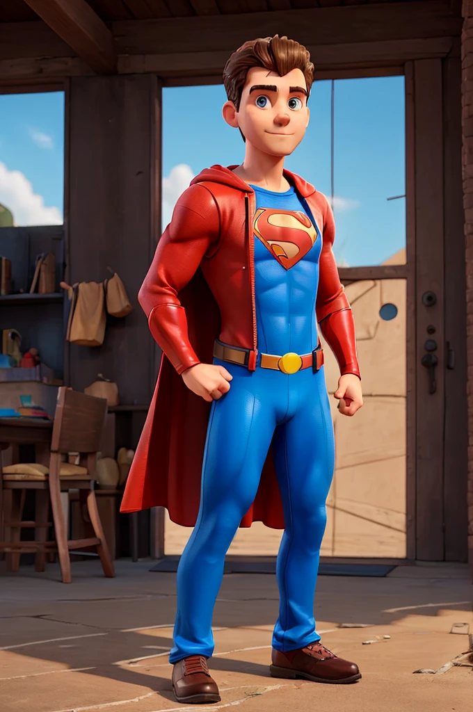Man dressed as super hero with hands on hips