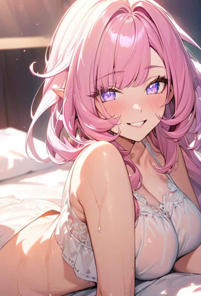 elysia, long pink hair, beautiful face,smiling,close up to hips, moderate breast, laying on bed, wearing beautiful white sleepwear, (open mouth:0.4),illustration,detailed textures(realists),ultra-detailed,portrait style,vivid colors,soft lighting, blushing, mature, no bras, slightly wet