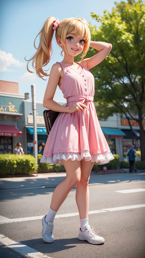 , Mia, giggles and points towards a nearby bookstore, where she says her father works. Mia has blonde pigtails, wearing a pink dress and white shoes, and has a cute smile and playful, lively eyes. (best quality, 4k, 8k, highres, masterpiece:1.2), ultra-detailed, (realistic, photorealistic, photo-realistic:1.37), outdoor, playful, colorful, lively atmosphere)