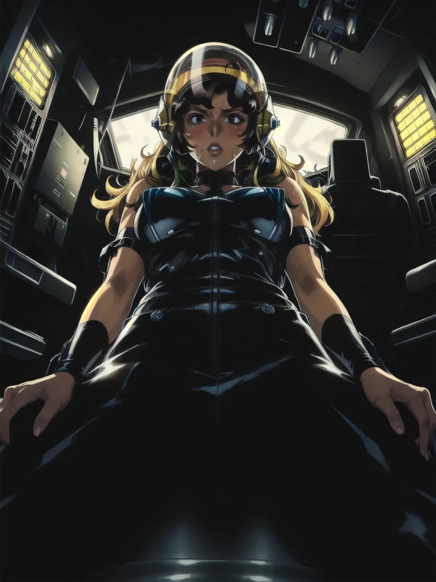 ((gothic vampire piloting in gothic spacecraft)), (((retro anime))), ((from below)), ((120 fov)), ((((gothic control panels)))), ((mature)), (((gothic))), iridescent bodysuit, ((lace accessories)), ((pilot seat)), ((((lying back)) pose)), ((elegant)), (((serious tone))), futuristic, ((cockpit top control panel)), intricate control panel details, 1990s (style), [blushing], sweat, masterpiece, ((claustrophobic)), sparkles, best quality, screens, ((pilot helmet)), ((hands on controls)), night, space, ((cockpit lights))